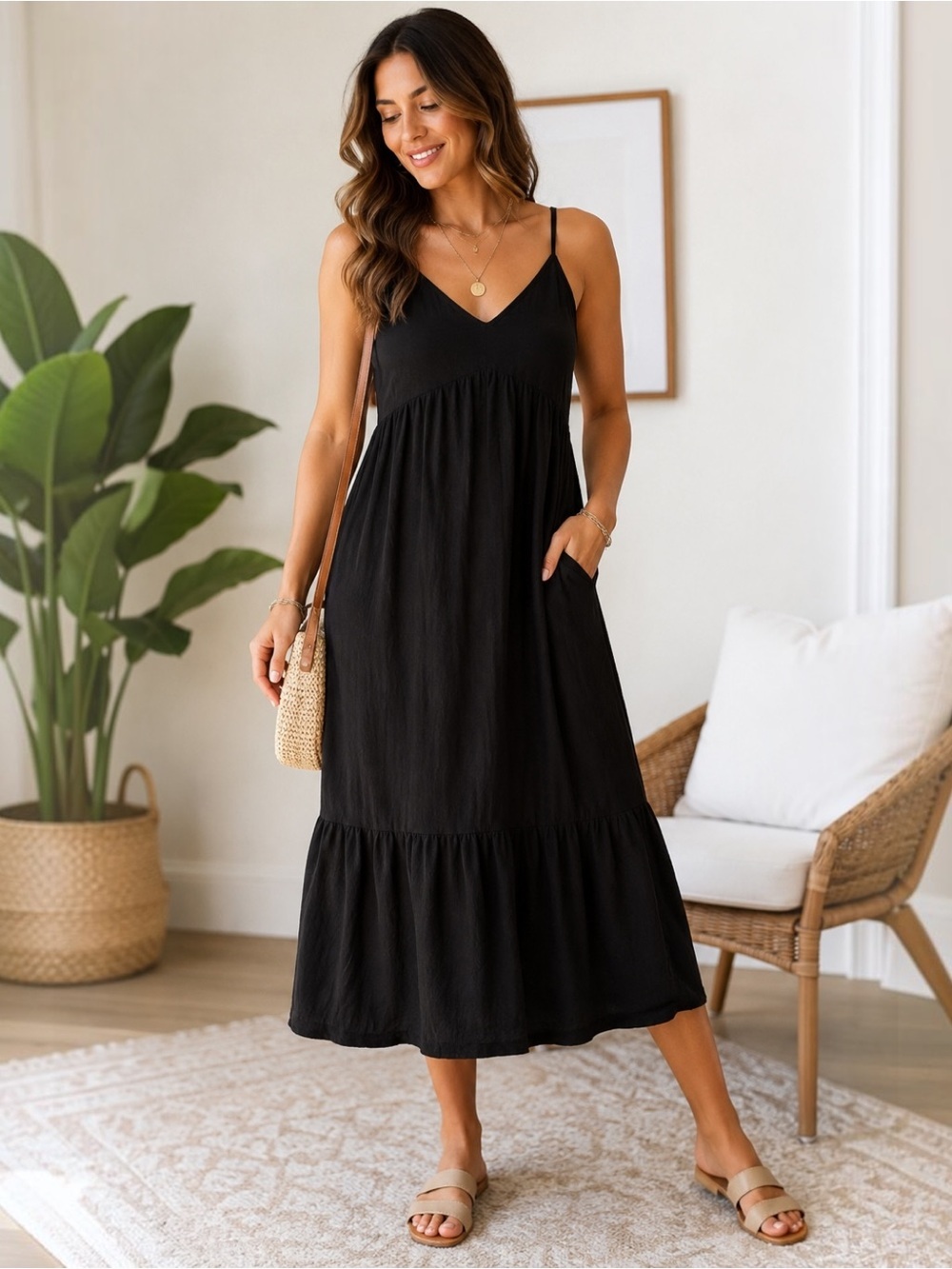 Old Navy Black Tiered Midi Dress Large Rayon Spaghetti Strap Pockets Boho